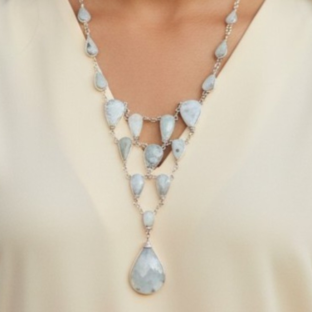 Larimar Stone Bib Necklace Blue Gemstone Statement Necklace Boho Artisan 18"